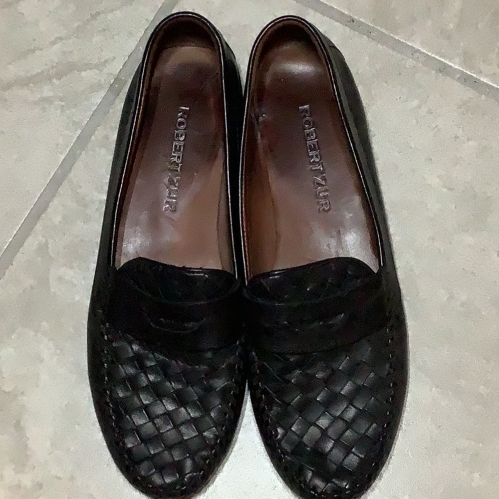 Robert Zur Black Leather Quality Woven Driving Loafers Size 9AA